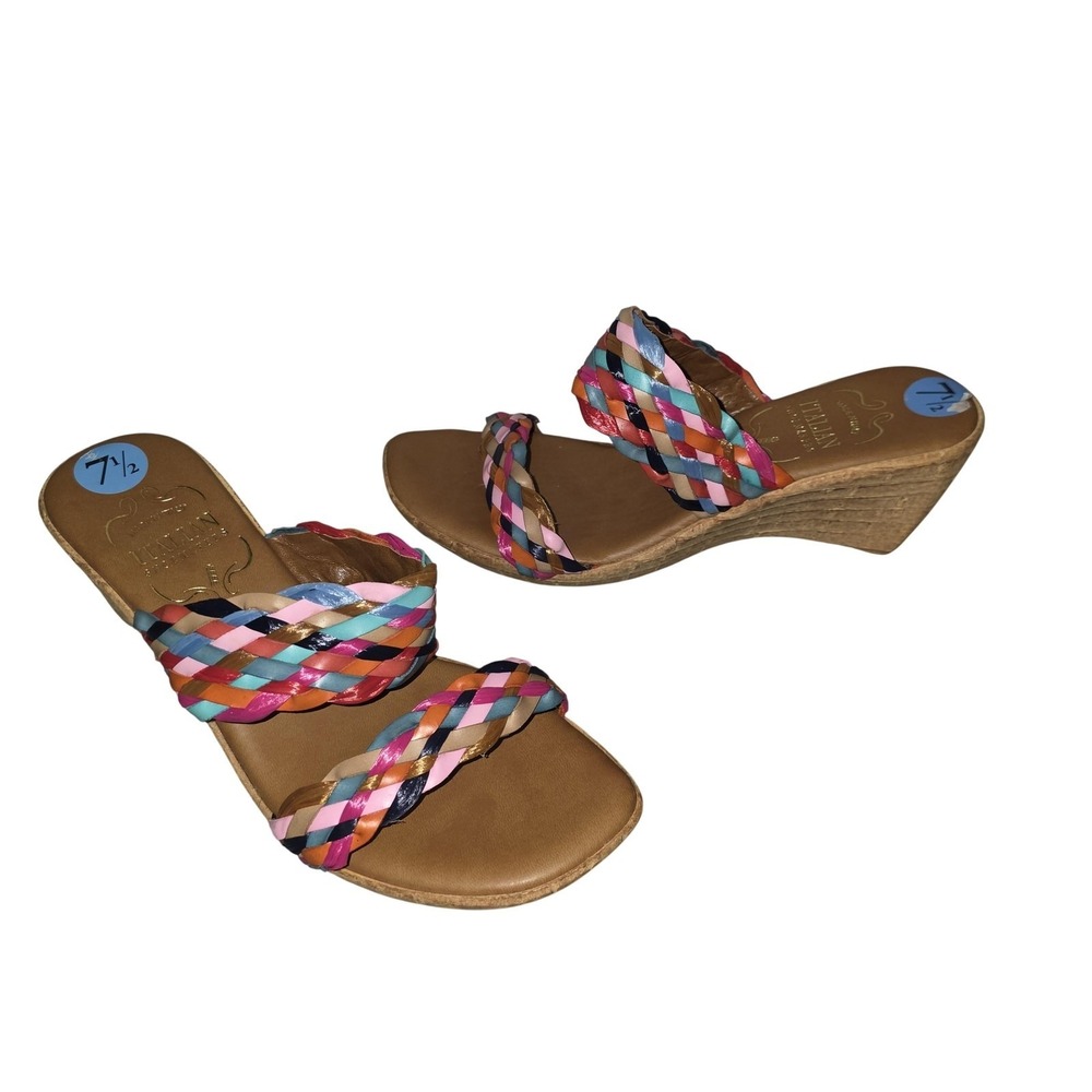 Italian Shoemakers Sandals Women 7.5 Multicolor Braided Wedge Slide Made Italy